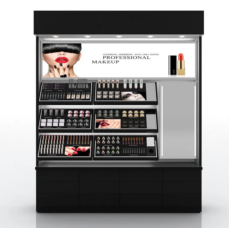 Wholesale Makeup Shop Customized Wood Cosmetic Counter Cosmetic Shop Counter Design Makeup Display Stand with Light Box