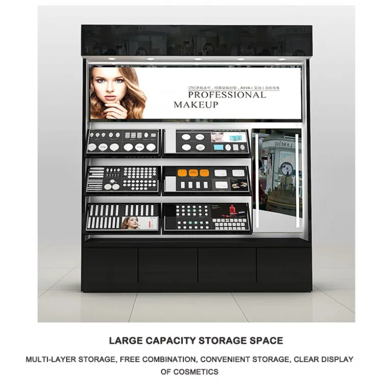 Wholesale Makeup Shop Customized Wood Cosmetic Counter Cosmetic Shop Counter Design Makeup Display Stand with Light Box