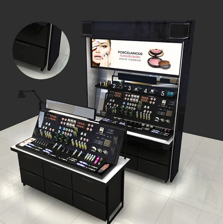 Wholesale Makeup Shop Customized Wood Cosmetic Counter Cosmetic Shop Counter Design Makeup Display Stand with Light Box