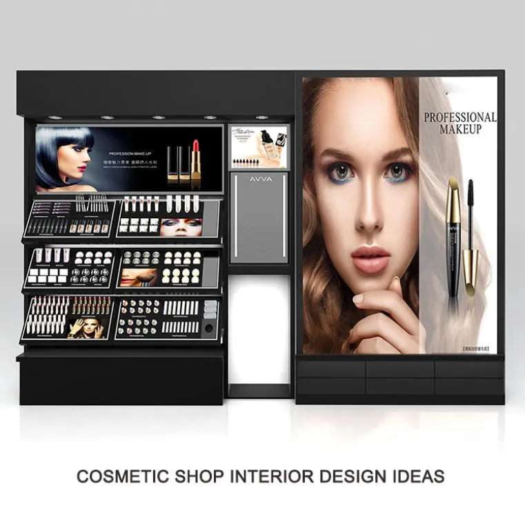Wholesale Makeup Shop Customized Wood Cosmetic Counter Cosmetic Shop Counter Design Makeup Display Stand with Light Box